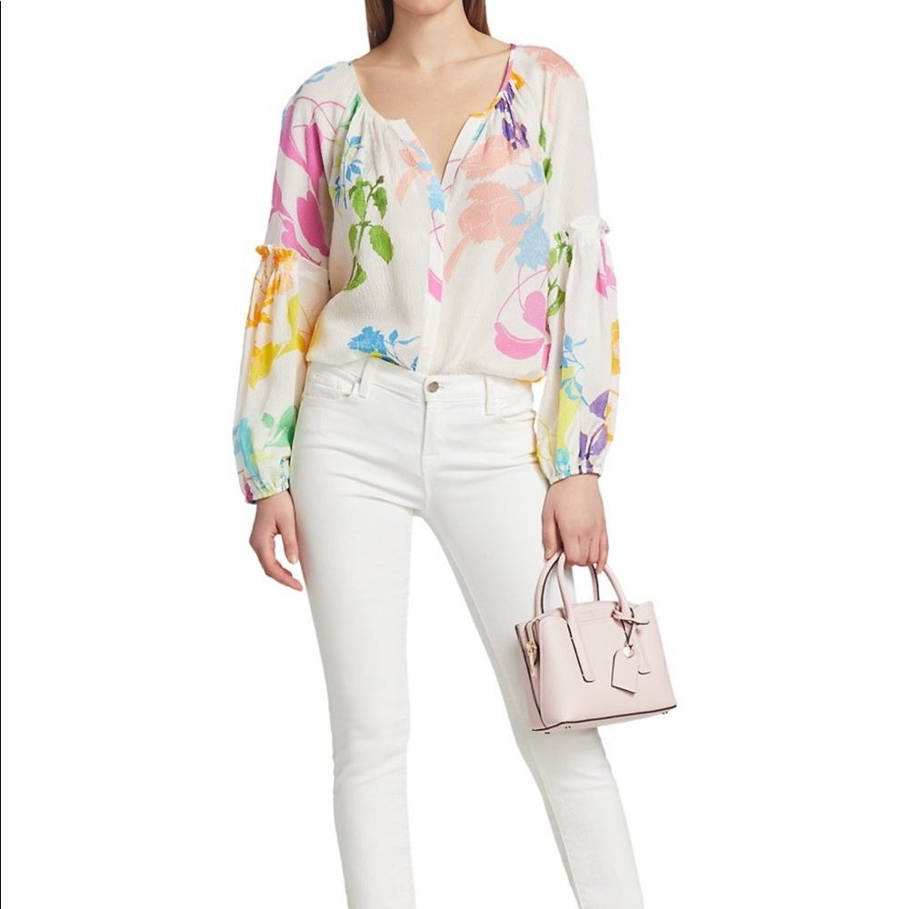 Tanya Taylor White Floral Peasant Blouse with Multicolor Blooms